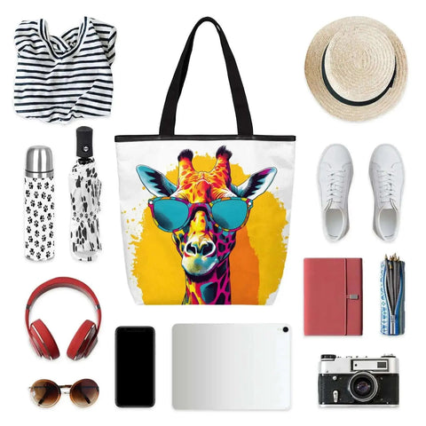 Durable Canvas Tote Bag For Women And Men With Zipper Closure, Reusable Grocery And Shopping Tote, Stylish Shoulder Handbag For Beach, Gym, Picnic Or Work, Eco Friendly Carryall With Giraffe Print Accent surrounded by summer accessories.