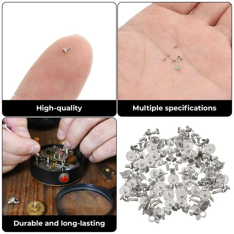 100 Pcs Watch Battery Clamp Screws Replacement Micro Screws Kit for Watch Repair and Jewelry Tool Set in various views.
