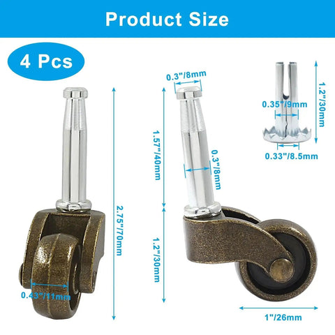Antique Brass 1 Inch Swivel Stem Ball Caster Wheel Set For Furniture And Desks, zinc alloy durable castors shown with measurements
