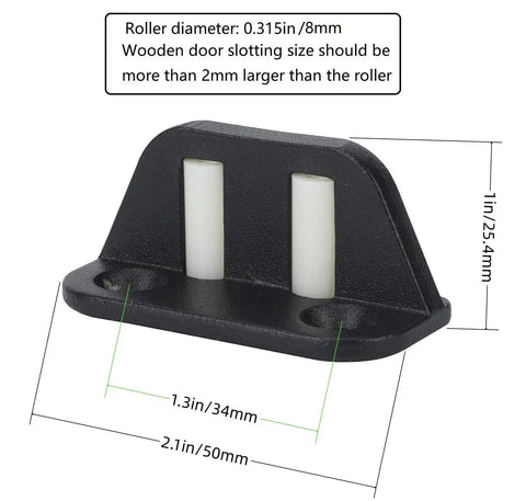 Two Plastic Wheels Barn Door Floor Guide With Bearing Design And Adjustable Rollers Bottom Mounted black metal base with dimensions.