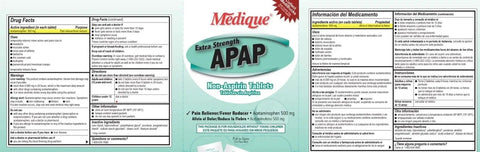 Packaging of Medique Extra Strength APAP Non-Aspirin Tablets with drug facts and bilingual information displayed.