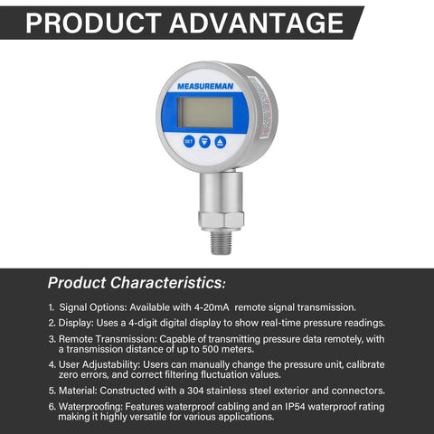 MEASUREMAN digital remote pressure gauge with 270° rotatable stainless steel body and blue display with LED readout