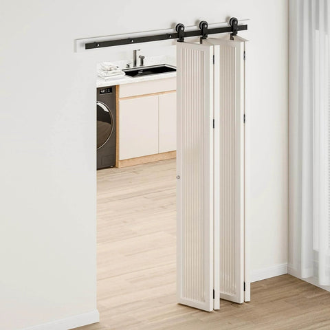 Heavy Duty Bifold Barn Door Hardware Kit For Four Doors, Six Foot Sliding Track System, All Doors Open To One Side, Hardware Only
