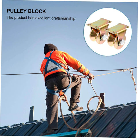 Built Tough Heavy Duty Pulley Mounted Door Wheel Set For Sliding Doors And Gates Steel Single Wheel Track Roller Castor With Waterproof Grooved Wheel For Gate Tracks Durable Sliding Door Rollers Two Pack, image shows pulley blocks on roof installation.