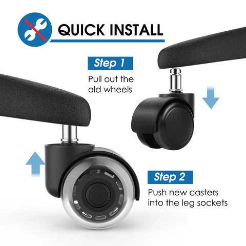 Installation guide for 2 Inch Replacement Office Chair Caster Wheels With Soft Mute Rollers showing steps to remove and install casters.