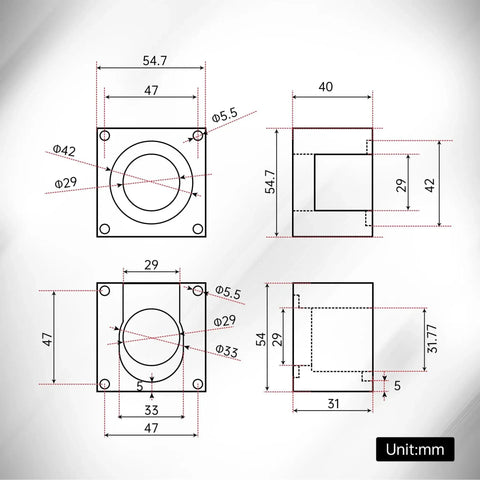Technical drawing of Nema23 Stepper Motor Mounting Bracket for 57mm motors showing dimensions and size specifications in mm.