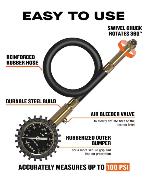 Vondior tire pressure gauge with 2-inch glow dial, reinforced rubber hose, brass chuck