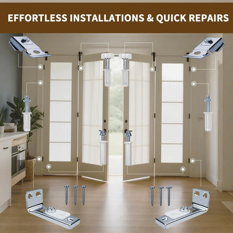Image showing components of 2 Pack Bifold Door Hardware Repair Kit for folding closet doors with pivots, wheels, brackets, screws.