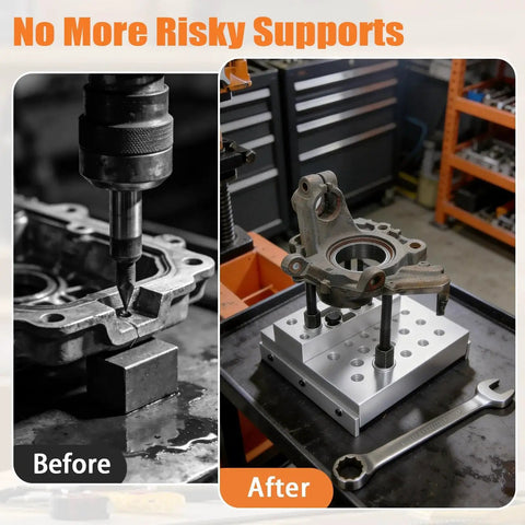 Universal 30 Ton Bearing and Bushing Press Fixture Kit used for stabilizing wheel hub on hydraulic press with high strength aluminum plate