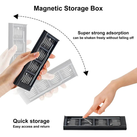 Hand holding 52-In-1 Precision Screwdriver Set With Magnetic Mini Repair Tool Kit storage box demonstrating storage and access.