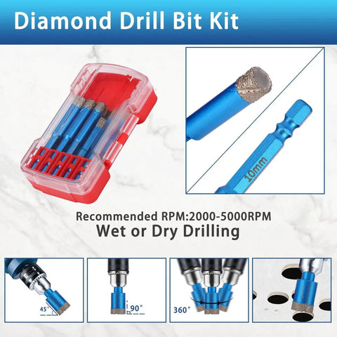 Diamond Drill Bits Set 10 Piece Diamond Hole Saw Kit With One Quarter Inch Quick Change Hex Shank for various materials.