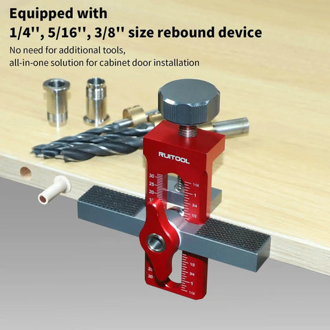 2 In 1 Cabinet Door Mounting Jig For Frameless Cabinets, Adjustable Aluminum Alloy Hardware Jig in use, with drill bits visible