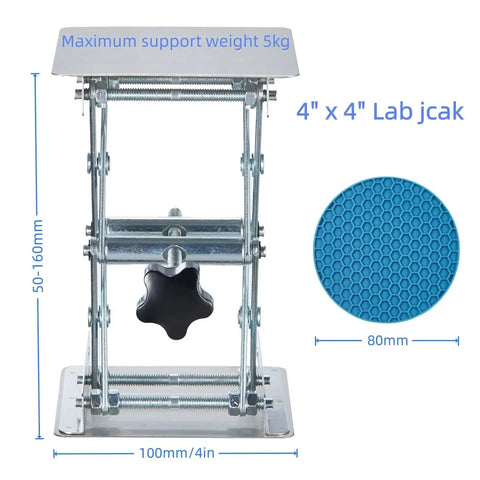 Non Slip Lab Scissor Jack Stand 4x4 Inch Platform Stainless Steel 50 To 160mm front view with blue pad detail