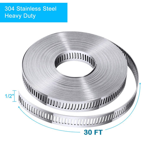 Stainless steel band clamp roll, 1/2 in wide, 30 ft strap, perforated for hoses and ducts