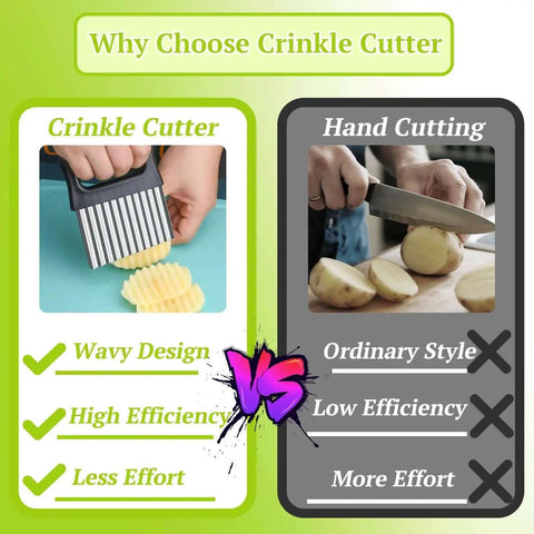 Comparison chart of crinkle cutter vs hand cutting, featuring 2 In 1 Crinkle Cutter And Peeler For Potatoes And Veggies, Wavy Slicer Chopper.