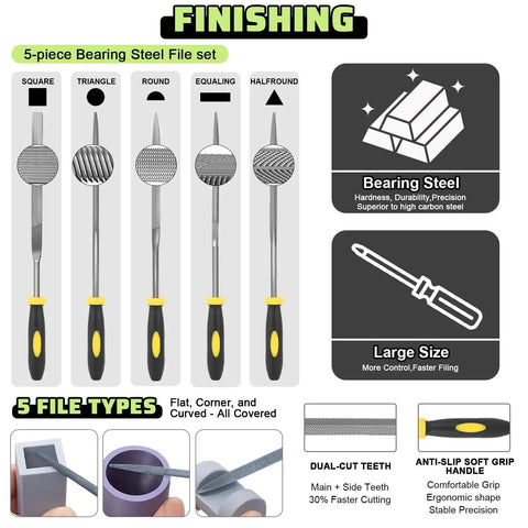 5-piece bearing steel file set with various shapes and features; part of the All In One 3D Printer Tools Kit 34 Pieces For FDM And SLA Printers Includes Nozzle Cleaning Needles Scrapers Finishing Tools Files Brushes Wire Cutter Engraving Knife And Multifunction Wrench To Speed Up Your Build.