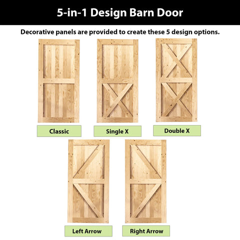 Wooden barn doors with five design options including Classic, Single X, Double X, Left Arrow, and Right Arrow layouts.