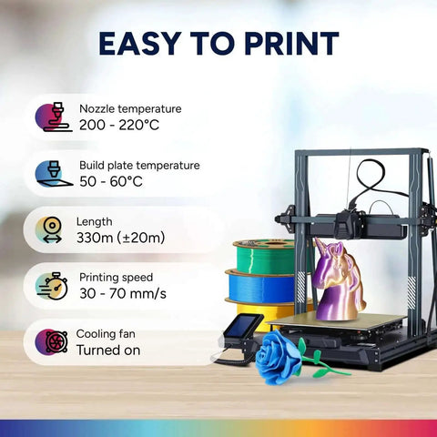 3D printer with Silk PLA Filament 1.75mm Clog-Free with Shiny Silk Finish for 3D Printing, settings info on temperature, speed, and length.
