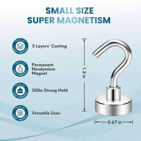 Graphic showing a small neodymium magnet with dimensions, 3 layers coating, and 30 lbs hold capacity for versatile uses.