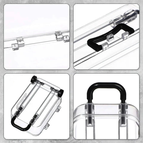 Close-up of 12 Pack Mini Travel Luggage Style Gift Boxes With Wheels For Party Favors And Wedding Candy Jewelry Display Case Black Plastic Clear Sides Vintage Travel Vibe Bridal Gift Packaging handles and wheels.