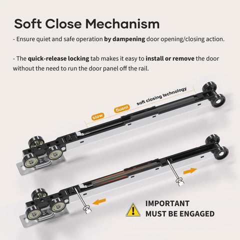 Six Foot Soft Close Pocket Door Hardware Kit With Aluminum Box Rail, Concealed Track, smooth closing mechanisms shown