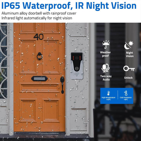 Video Doorbell Intercom System With 7 Inch Indoor Monitor And Aluminum Alloy Camera Two Way Audio Video Intercom Kit For Home Security Real Time Monitoring Easy Door Unlock Indoor And Outdoor Durable Wired Connection installed next to an orange door