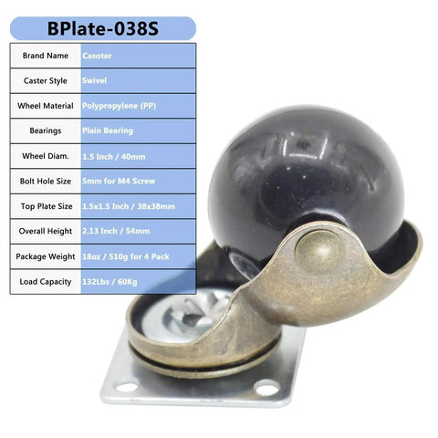 Antique Gold 1.5 Inch Swivel Furniture Caster Wheel with black 40mm ball, top plate 38x38mm, ideal for sofas and carts.