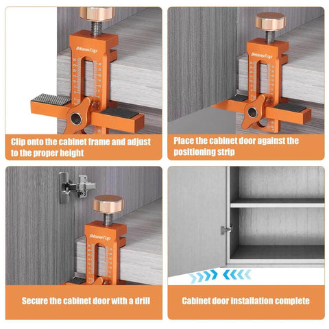 2-In-1 Cabinet Door Mounting Jig And Rebound Tool With Drill Bits Aluminum Alloy Positioner For Frameless Cabinets demonstrated in stages of use.