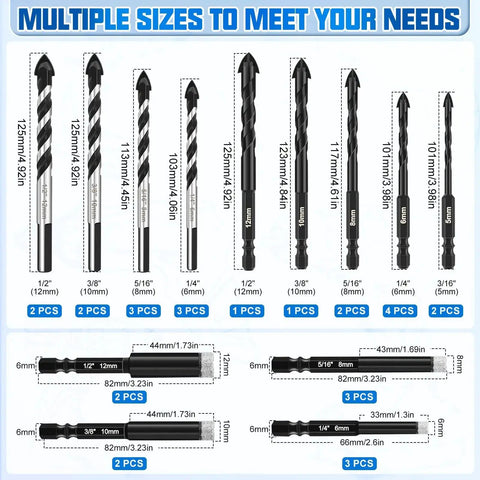 Diamond Drill Bits Set 30 Piece Pro Grade Masonry Bit Set With Premium Carbide Bits For Concrete Ceramic Glass Porcelain Tile Marble Metal Plastic Wood Black, showing multiple sizes.
