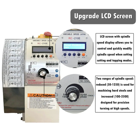 Gearless 8x32 Metal Lathe With Double Chuck For Imperial And Metric showing LCD screen and control panel features