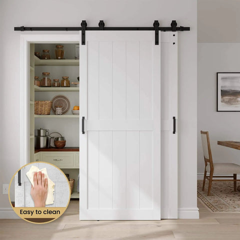30 By 84 Inch Bypass Barn Door With Five Foot Track Hardware Kit Included H Shape Solid Core MDF Door With Waterproof PVC Surface Space Saving Sliding Door White Durable And Easy To Install No Cracking Modern Home Upgrade in a room divider setting.