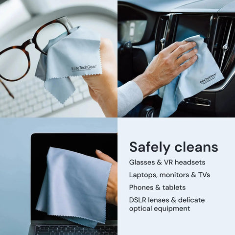 Microfiber Cleaning Cloth 12x12 4 Pack Blue used on glasses, car dashboard, and laptop screen, highlighting versatility on screens and glasses.