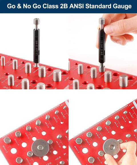 Thread Checker For Nuts And Bolts Bolt And Nut Identifier Gauge Board With 14 Standard And 14 Metric Sizes in use, showing thread checking process.