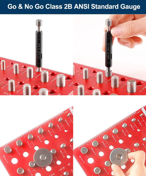Nut And Bolt Thread Checker And Identifier Board With 14 Standard And 14 Metric Gauges For Quick Size And Thread ID, Bench Or Wall Mount, Easy Nut And Screw Reference Tool showing gauges in use with screws.