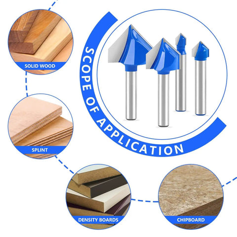 Eight-Piece 90 Degree V-Groove Router Bit Set With 1/4 Inch Shank, Carbide-Tipped 2-Flute Engraving Bits for woodworking applications