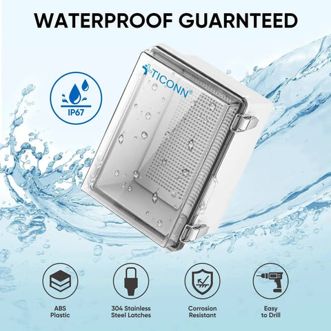 Outdoor Waterproof Electrical Box Junction Enclosure With Hinged Cover Built Tough IP67 Rated ABS Plastic Housing For Outdoor Electrical Installations Includes Mounting Plate Wall Brackets And Cable Glands Clear 8.7x6.7x4.3 Inches By TICONN showcased with waterproof background