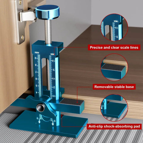 3 in 1 Cabinet Door Mounting Jig With Adjustable Clamp And Quick Hole Opener Aluminum Alloy Positioner in use on cabinet door.