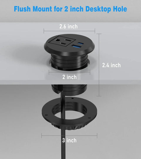 2 Inch Desk Power Grommet Outlet installed in desktop showing dimensions, with 20W USB C Fast Charging and USB A QC3.0, ETL Listed.