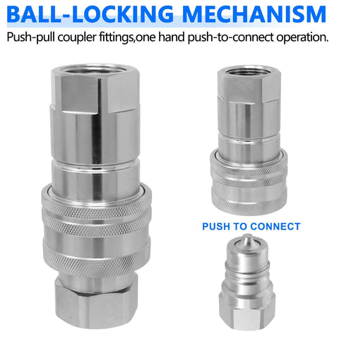 Silver 1/2" NPT hydraulic quick-connect coupler pair with knurled sleeves and dust caps, Pioneer poppet style.