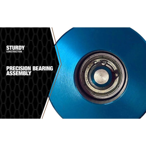 Close-up of blue precision bearing on Power Pull It Cable Puller For Drills Attach To Cordless Drill To Quickly Pull Wires And Cables Reducing Hand Fatigue And Turning Labor Intensive Jobs Into Faster One Person Tasks Today.