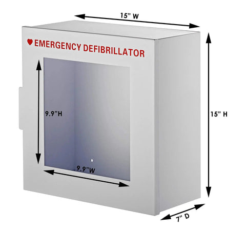 No Frills Durable Wall Mount AED Cabinet With Easy Pull Latch, 15x15x7 inches, non-alarmed box for quick defibrillator access.