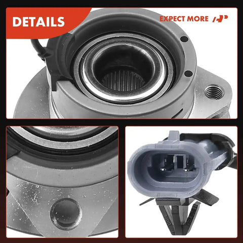 Close-up of a front wheel bearing assembly with ABS sensor for Chevy HHR, Cobalt, G5, Pursuit, Ion. Direct fit for easy install.
