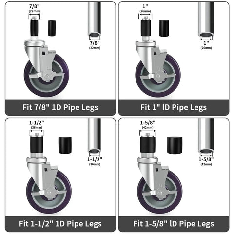 5 Inch Expanding Stem Caster Set Of 4 With Brakes For Table Legs, Adjustable Mounting Height Up To 6.1 Inches, Fits 7/8 Inch 1 Inch 1-1/2 Inch And 1-5/8 Inch Tubes, Stainless Steel Casters With Rubber Sleeves For Secure Fit