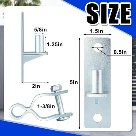 Size dimensions of 4 Pcs Heavy Duty Wall Mount Gate Hinges For Pipe Gates And Chain Link Fences, showing measurements and parts.