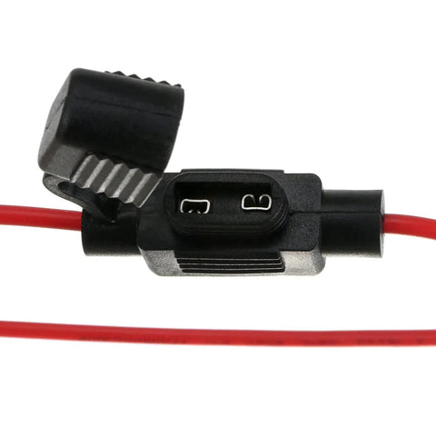 Close-up view of 10 Pack Inline Blade Fuse Holder Add A Circuit For Mini ATM APM Fuses 12V 24V 32V 18 AWG Waterproof Car Fuse Adapter Protects Original Circuits High Quality Weatherproof 20A Max with red wiring.