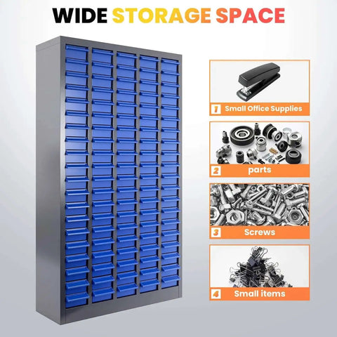 Heavy Duty 100 Drawer Parts Cabinet With Metal Frame For Nuts Bolts And Small Hardware In Garage Workshop And Classroom Storage Organizer Durable ABS Drawers And Sturdy Metal Body Keeps Tools And Components Tidy And Accessible front view with labeled item suggestions.