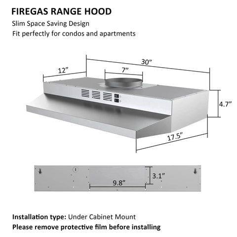 30 Inch Under Cabinet Range Hood Stainless Convertible Ducted Ductless 300 CFM with dimensions and installation type shown
