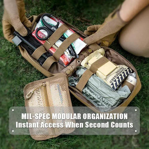 Open IFAK Trauma Kit With CAT Tourniquet For Military Combat And Everyday Readiness MOLLE Pouch showing contents on grass