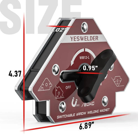 Heavy Duty Welding Magnet With 176Lb Holding Power YesWelder On Off Switch Arrow Shaped Angle Holder with measurement markings