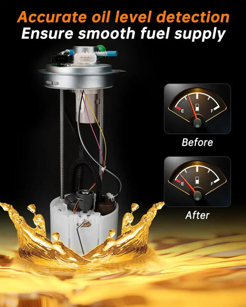 Fuel Pump Assembly For 2014 2015 2016 2017 2018 Chevy Silverado 1500 And GMC Sierra 1500 With 4.3L V6 5.3L V8 Or 6.2L V8 Engines Replace OE 13513407 13582491 E412 SP6714M showing fuel gauge before and after installation